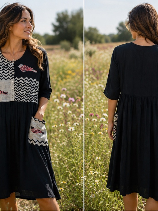 Bombay Paisley Dresses & Skirts - Bombay Paisley Navy Boho Patchwork Midi Dress with Bird Motif